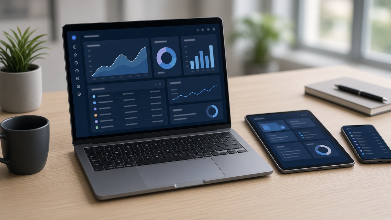 Laptop showing an enterprise device-management console beside a tablet and phone