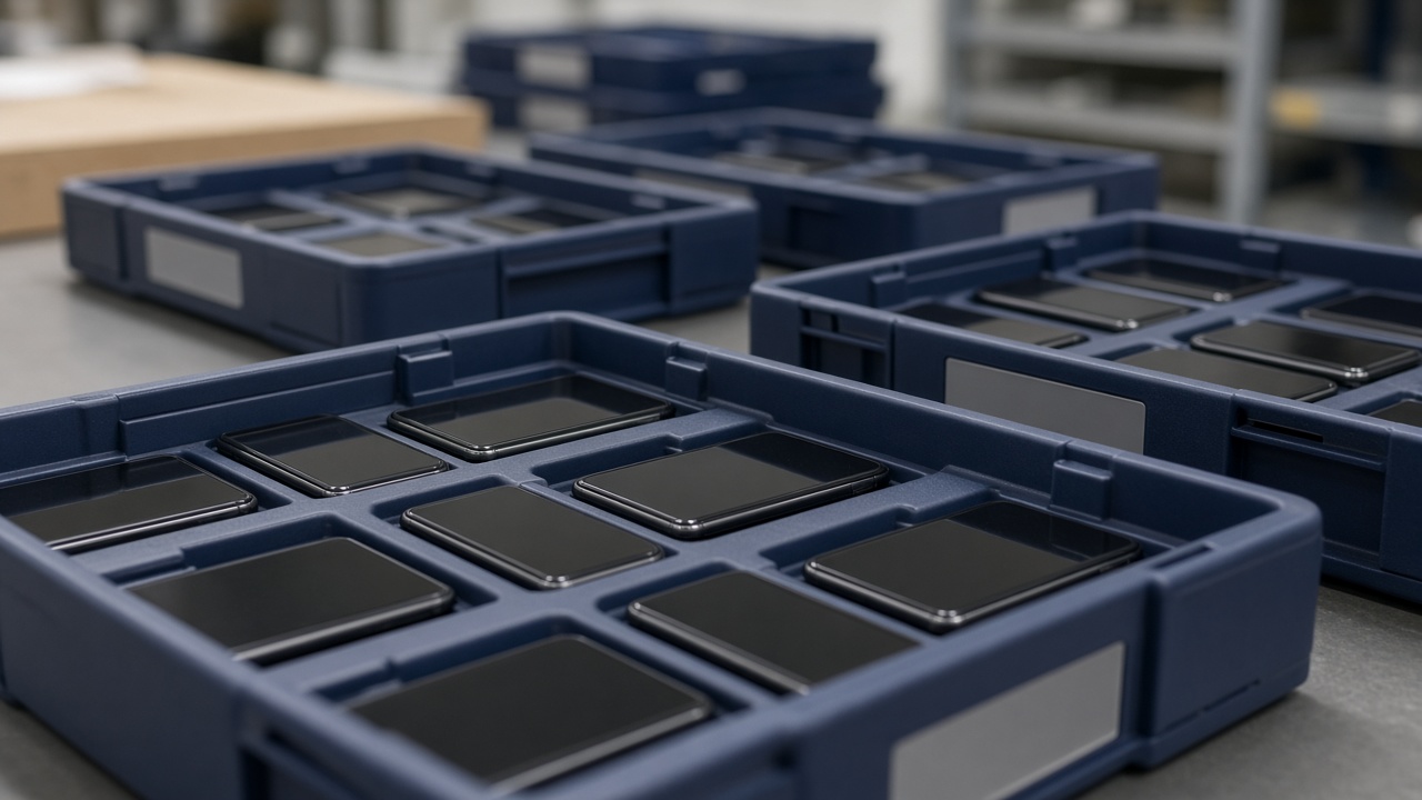 Organization-owned phones arranged in trays for supervised corporate deployment